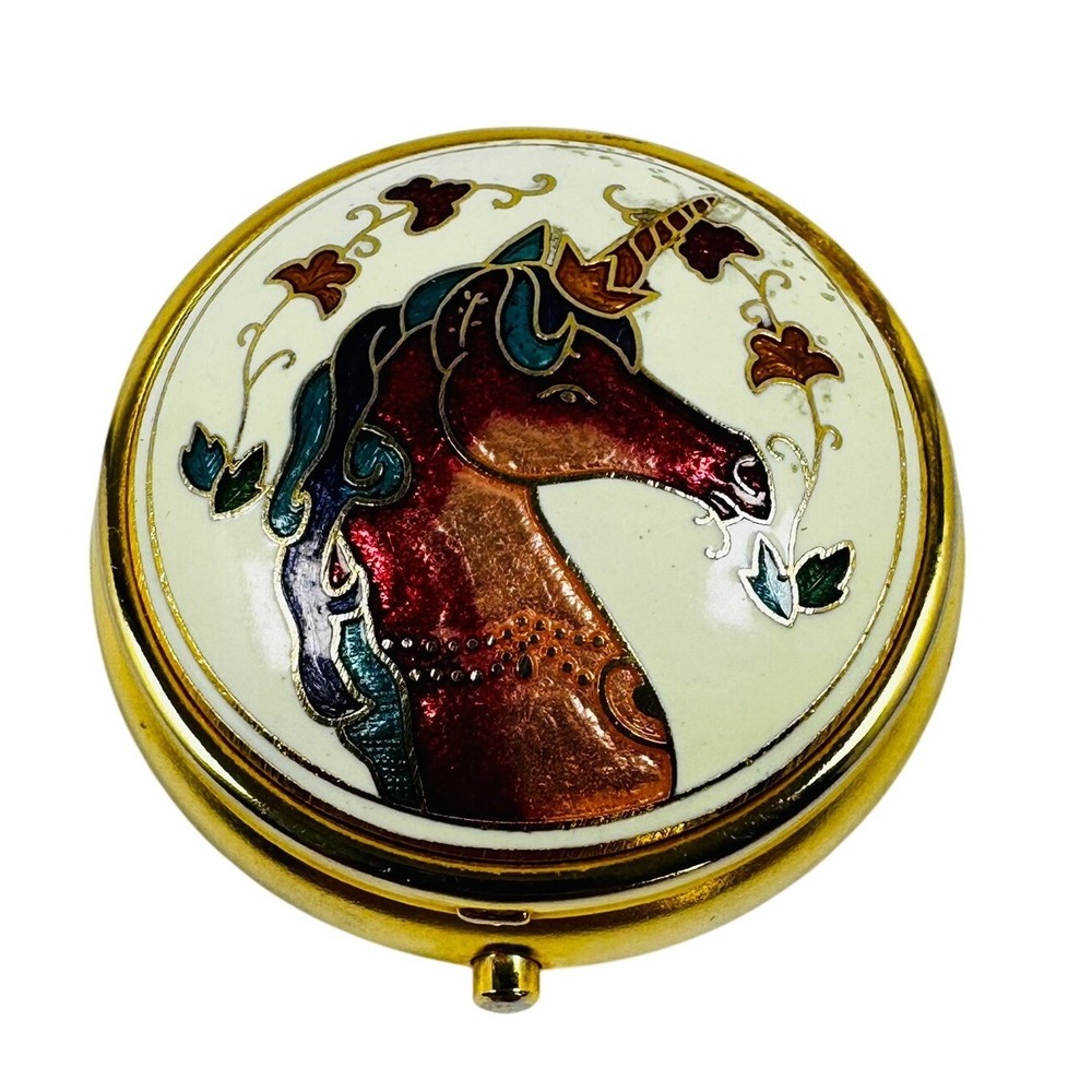 Vintage Unicorn Cloisonne Enamel Gold Tone Pill Box Mythical Fantasy Retro CUTE